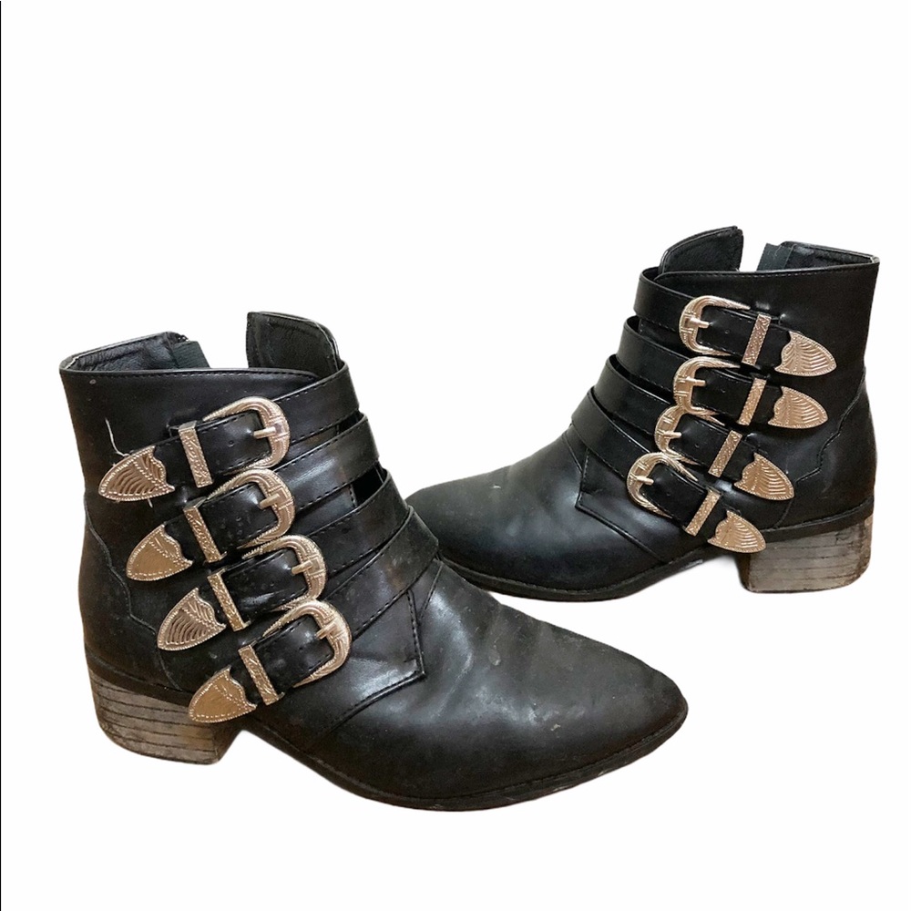 Black faux leather buckle booties
